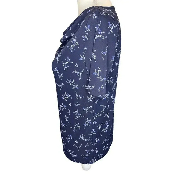 Ann Taylor Petite Small Navy Floral Cowl Neck Short Sleeved Blouse - Picture 2 of 5